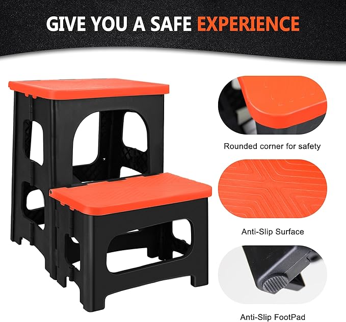 Folding 2-Step Stool, Non-Slip Portable Footstool 8" & 17" Dual Heights, Holds 250 lbs, Portable Footstool for Kitchen Home Toilet Bedroom Office Bathroom RV(Orange)