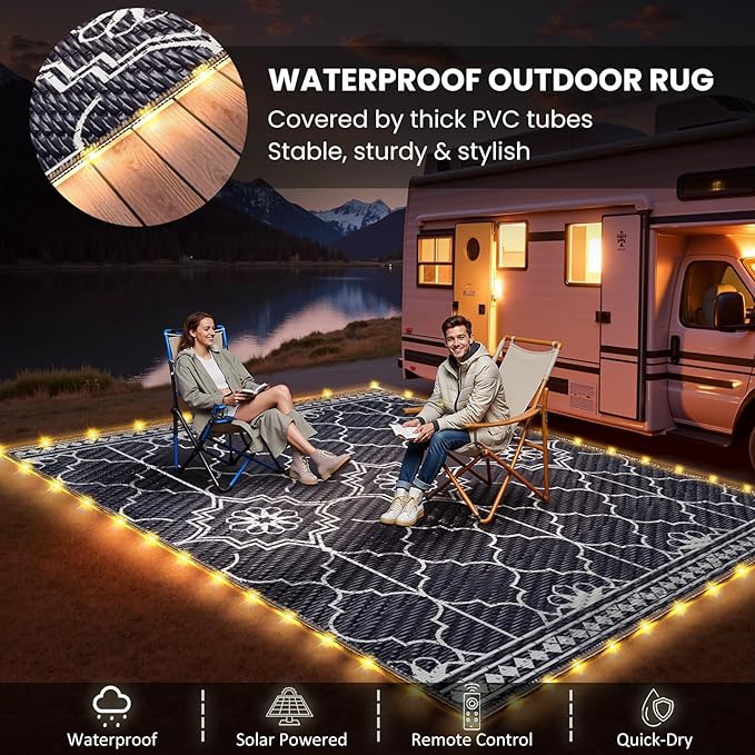 9x12Ft Outdoor Rug, Solar Powered Outdoor Rug with 131LEDs Strip Lights for House Deck, Waterproof Plastic Reversible Outdoor Straw Rugs, Rugs Mat RV Camping Patio Beach Balcony Picnic (Blue White)