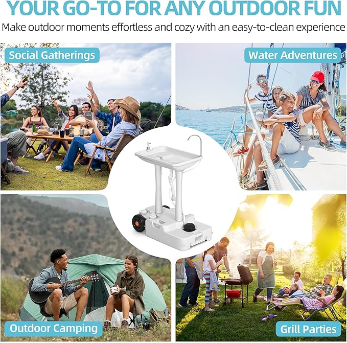 YITAMOTOR 30L Portable Camping Sink, Portable Hand Washing Station with Large Wheels, Foot Pump, Towel Holder & 5L Soap Dispenser for Outdoors, Garden, Gathering, Camping, Worksite, Camping, Outdoor