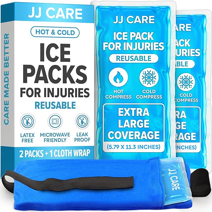 JJ CARE Ice Packs for Injuries Reusable (Pack of 2, XL) - Gel Ice Packs Reusable - Soft Ice Pack for Injuries with Wrap - Flexible Therapy, for Knee, Back, Neck, Wrist, & Ankle
