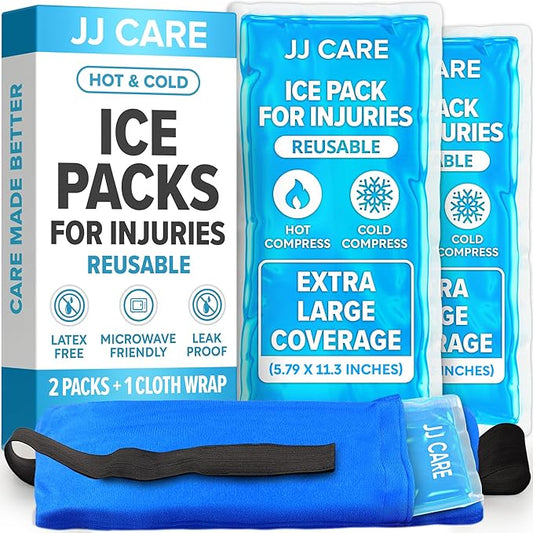 JJ CARE Ice Packs for Injuries Reusable (Pack of 2, XL) - Gel Ice Packs Reusable - Soft Ice Pack for Injuries with Wrap - Flexible Therapy, for Knee, Back, Neck, Wrist, & Ankle