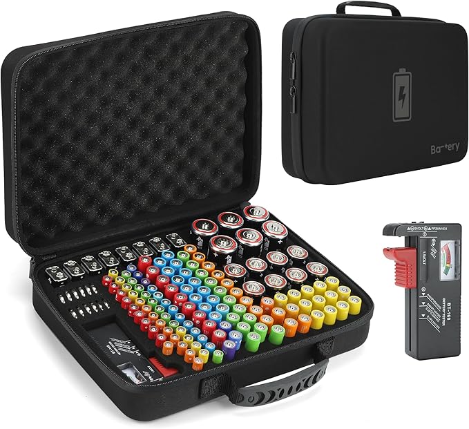 MOSLA Waterproof Battery Organizer Storage Case with Tester BT-168 - AA, AAA, C, D, 9V(Black)