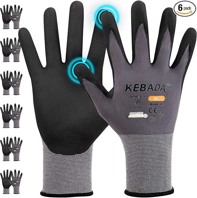 Kebada W2 Work Gloves for Men and Women, Nitrile Coated Working Gloves for Gardening, Construction, Warehouse, Safety Gloves for Work in Yard and Outdoors, 6 Pairs, XXL
