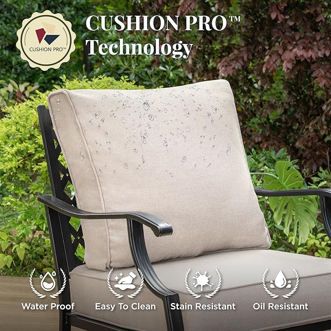 Patio Furniture Set with Fire Pit Table, 5 Pcs Metal Outdoor Conversation Set, 4 Rocking Chairs with 5.75" Extra Thick Cushion and 28" Fire Pit Table for Backyard Deck, Beige