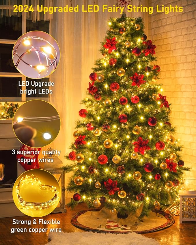 KNONEW 203FT Outdoor Christmas Fairy Lights Plug in,600 LED String Lights Outdoor Waterproof 8 Modes Memory Times for Wedding Bedroom Walls Garden Trees Decoration(Warm White)