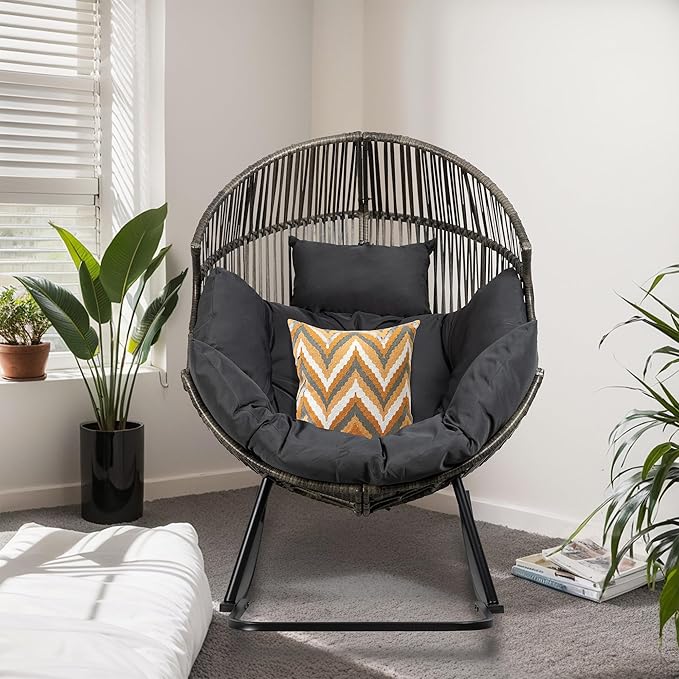 JAMFLY Egg Chair Outdoor Rocking Chairs, Wicker Patio Chair Oversized Lounger Chair with Cushion for Indoor Living Room Bedroom Outside Patio Backyard Balcony, Dark Gray