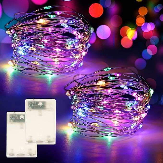 Fairy Lights Battery Operated String Lights 16.4ft 50LED Flashing and Constant Light Waterproof Silver Wire for Christmas DIY Party Bedroom Wedding (Multicolor, 2 Pack)