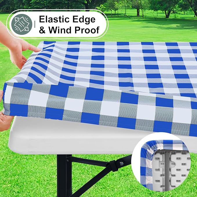misaya Buffalo Rectangle Picnic Tablecloth, 8 Foot Elastic Fitted Vinyl Table Cloth with Flannel Backing, Waterproof Plaid Table Covers for Dining, Camping, Outdoor (Blue and White, 30" x 96")