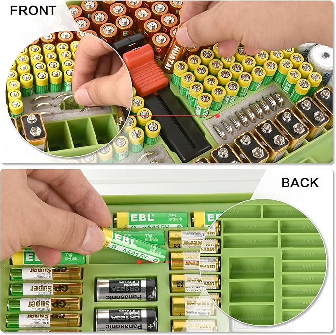 Battery Organizer Storage Holder Case with Double-Sided, Garage Box with Tester Checker. Batteries Container for 269pcs AA AAA AAAA 3A 4A 9V C D Lithium 4LR44 CR2 CR123A CR1632 CR2032 18650 -Green