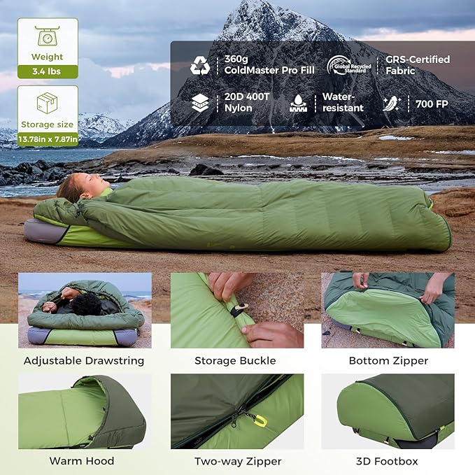 ATEPA Down Sleeping Bag, Recycled 650FP 4 Season Summer & Winter Compact Rectangle Lightweight Waterproof Wearable Sleeping Bag with Compression Sack for Camping Backpacking Hiking