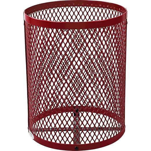 Global Industrial 36 Gallon Outdoor Steel Trash Can with Dome Lid and Raised Base, Plastic Liner and Anchor Kit Included, 23-1/2" Diameter x 43" H, Powder Coat Finish, Unassembled, Red