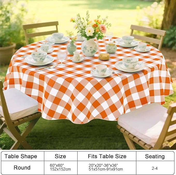 Smiry Round Plastic Table Cloth, Waterproof Vinyl Tablecloth with Flannel Backing, Wipeable Buffalo Plaid Table Cover for Dining, Indoor and Outdoor (Orange & White, 60" Round)