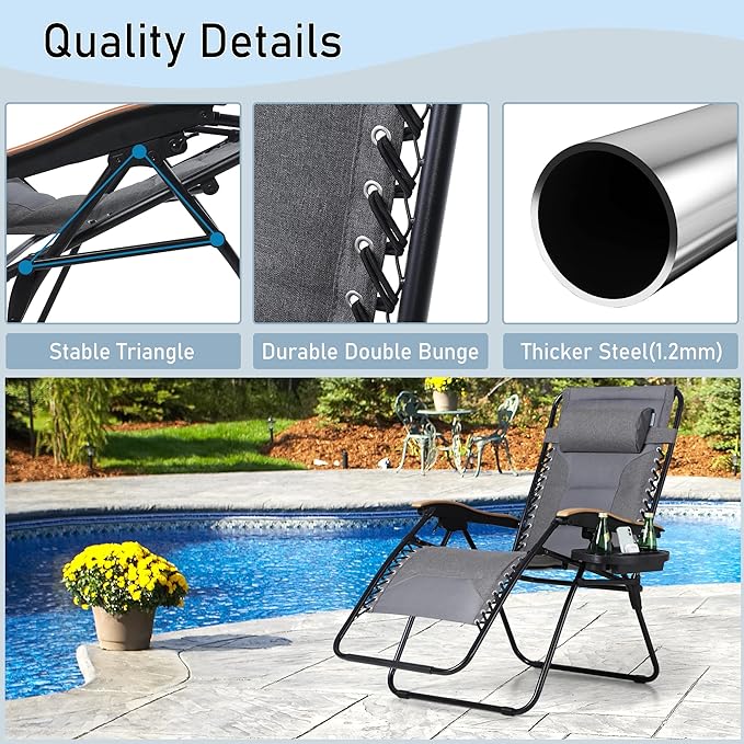 PHI VILLA XXL Oversized Padded Zero Gravity Chair, Foldable Patio Recliner, 30" Wide Seat Anti Gravity Lounger with Cup Holder, Set of 2, Support 400 LBS (Gray)
