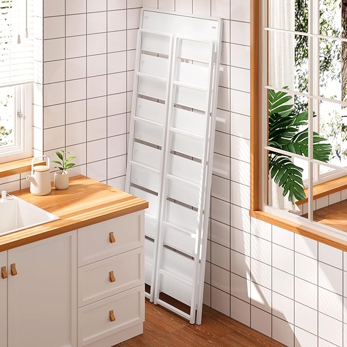 4NM No-Assembly 6 Tiers Folding Bookshelf Storage Shelves Vintage Bookcase Standing Racks Study Organizer Home Office (All White)