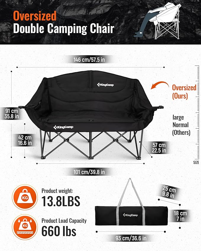 KingCamp Double Camping Chair, Oversized Heavy Duty Loveseat for Adults Portable Folding XL 2 Person Couch Padded Comfortable Two Seat with Cup Holder for Outdoor Lawn Backyard