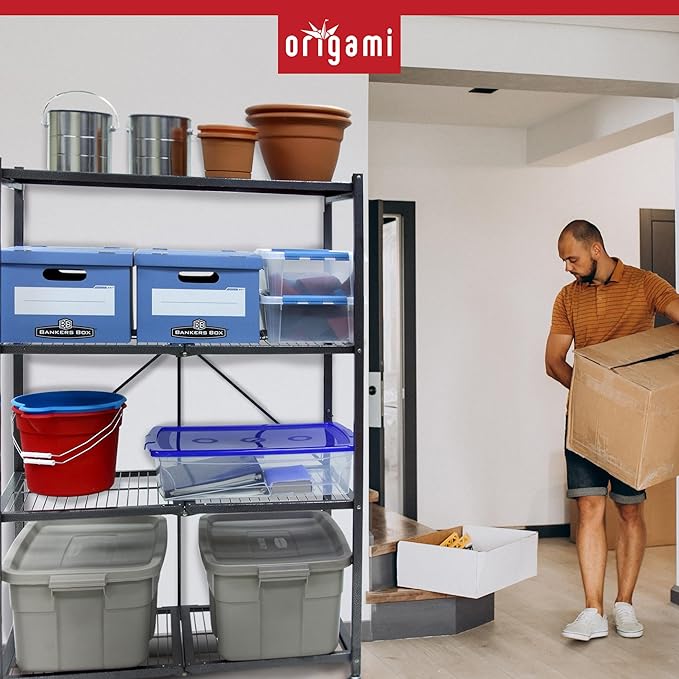 Origami 2-Pack R5 Series Foldable 4-Tier Steel Storage Rack, Pewter – Heavy-Duty Metal Shelving Unit w/ Removable Wheels for Laundry Room or Garage – Rolling Organizer for Home, Office & Warehouse