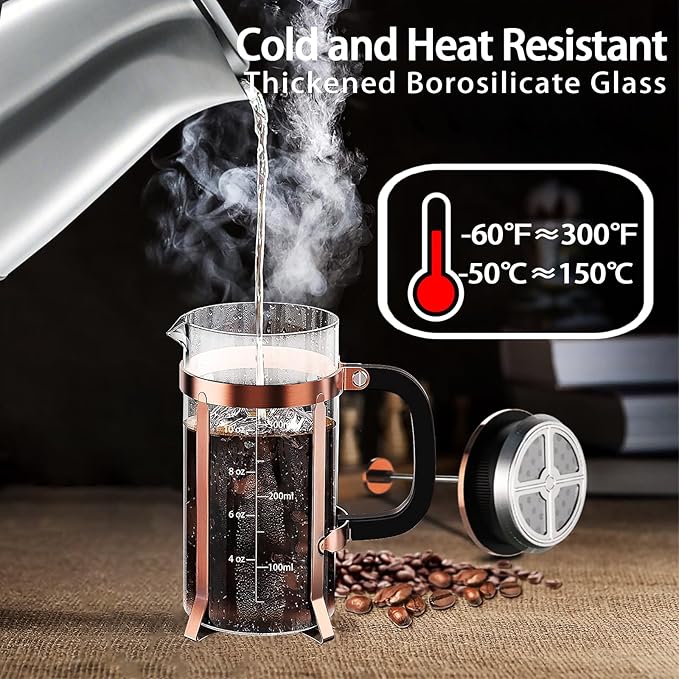 French Press Coffee Maker 304 Stainless Steel Coffee Press,with 4 Filters System, Heat Resistant Thickness Borosilicate French Press Glass, BPA-Free Brewed Tea Pot Coffee Plunger(Copper 12oz)