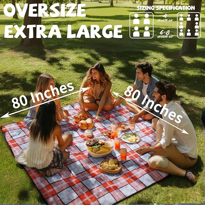 Extra Large Checkered Picnic Blankets Portable 80x80 Oversized Waterproof Sandproof Outdoor Beach Blanket Camping Grass Mat Sand Free Big Giant Car Rv Accessories Navy Baseball Sporting Eeential Gift