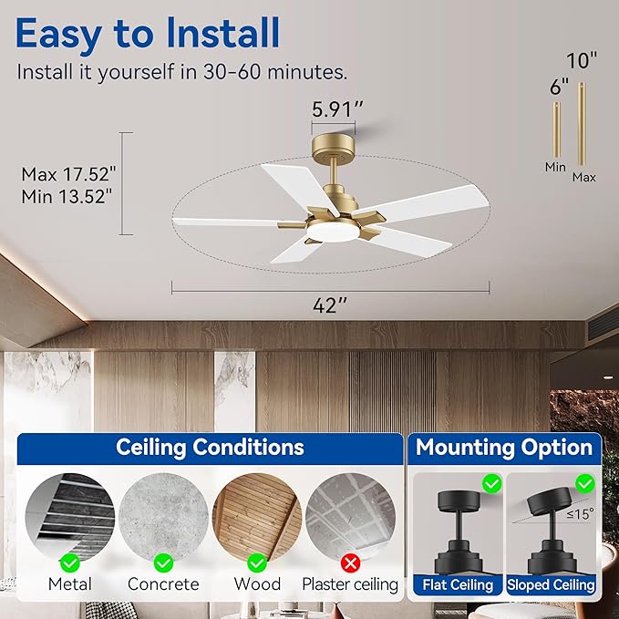 42Inch Smart Ceiling Fan with Lights Remote,APP&Voice Alexa WIFI Controled,Quiet Reversible DC Motor,Dimmable LED,Indoor Outdoor,Small Modern Ceiling Fan,for Bedroom Patio Porch,Gold White&Black