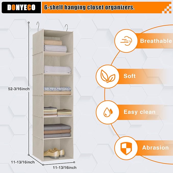 Hanging Closet Organizer, Easy Mount Foldable 6-Shelf Hanging Closet Wardrobe Storage Shelves, Clothes Handbag Shoes Accessories Storage, Imitation Linen Fabric, Beige Houndstooth