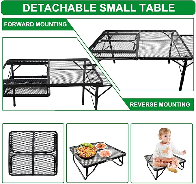 4ft Folding BBQ Table with Wing Plate, Height Adjustable Metal Table with Small Charcoal Grill, Portable Outdoor Table Removable to Two Tables (Bright Black)