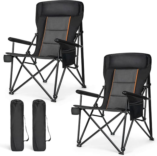 LET'S CAMP Oversized Camping Chairs 29.52" High Back Heavy Duty Lawn Chair Support 500LBS, Portable Collapsible Chair with Cup Holder, Side Pocket,2 Pack(Black)