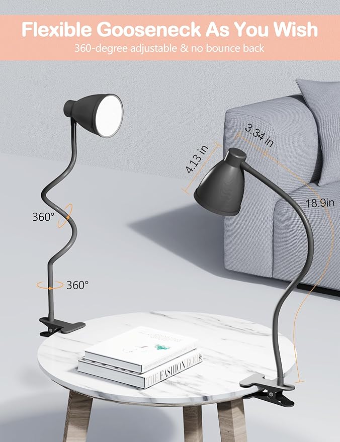 BOHON Desk Lamp 5 Color Modes 10 Brightness Dimmer Reading Light 10W 38 LED Clamp Lamp with Auto Off Timer 360° Flexible Gooseneck Clip on Light for Bed Bedside, AC Adapter Include