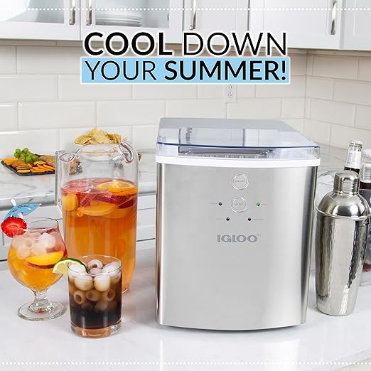 Igloo Electric Countertop Ice Maker Machine - Automatic and Portable - 33 Pounds in 24 Hours - Icecube Maker - Plastic Scoop and Basket - Ideal for Iced Coffee and Cocktails - Stainless Steel
