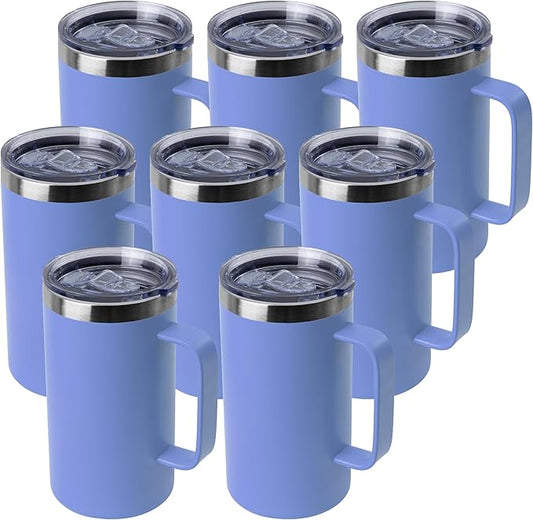 DOMICARE 24oz Mug with Handle and Lid, Stainless Steel Coffee Mug, Travel Mug with Handle, Double Wall Vacuum Coffee Tumbler, Reusable Insulated Cup, Blue, Pack 8