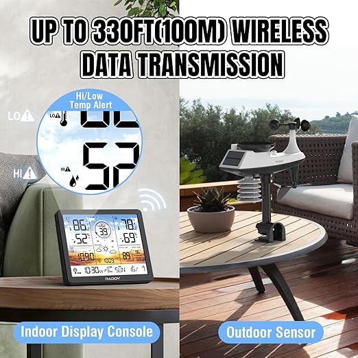 Raddy AG7 Weather Station Wireless Indoor Outdoor Thermometer, 7.4'' Digital Color Display Atomic Weather Clock, Temperature Humidity Monitor with Weather Forecast and Barometric Pressure