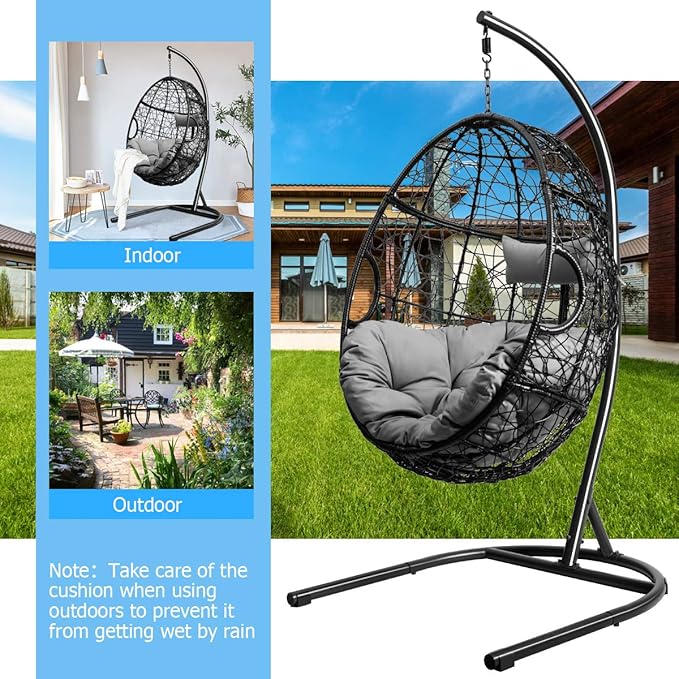 Giantex Hanging Egg Chair, 36.5-Width Oversized Swing Chair with C-Hammock Stand Set, Hammock Chair with Soft Seat Cushion & Pillow, Multifunctional Hanging Chairs for Outdoor Indoor Bedroom (Gray)