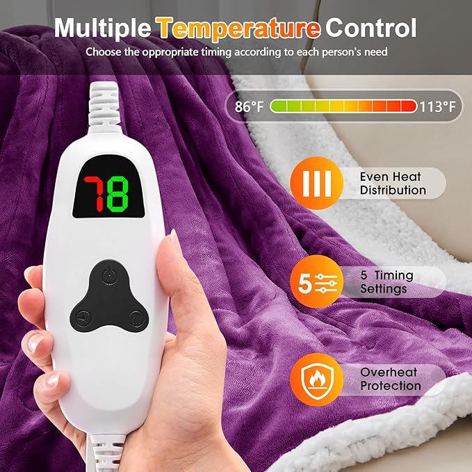 greenoak Wearable Heated Throw Blanket Electric Shawl - Heated Robe Poncho Blanket Hoodie for Adult, Winter Gifts for Mom Women Girlfriend Grandma 5-Position Timer 10-Heating Levels,Purple