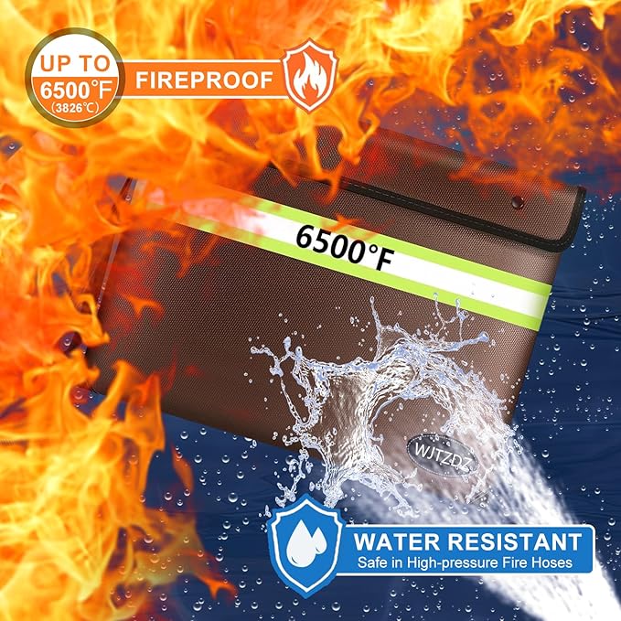 6500°F Fireproof Document Bag,Upgraded Fireproof Money Bag with Waterproof Zipper,10 Layers Heat Insulated Materials/Reflective Strip with Handle for Important Documents