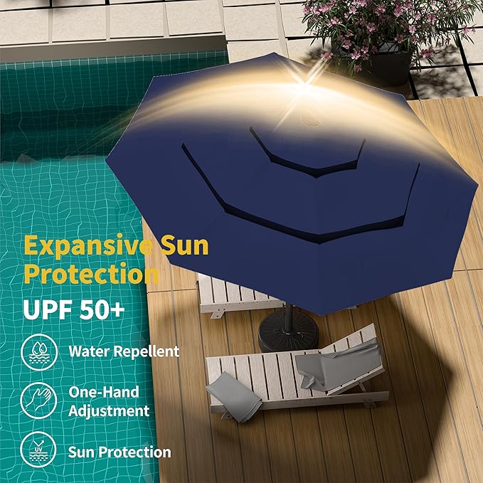 Kingdura 9ft 3-Tier Patio Umbrella with Solar Lights, Table Umbrella Outdoor Patio with Easy Crank & Tilt, 8 Sturdy Ribs, UV Protection, 32 LED Lights for Deck, Poolside, Market (Navy blue)