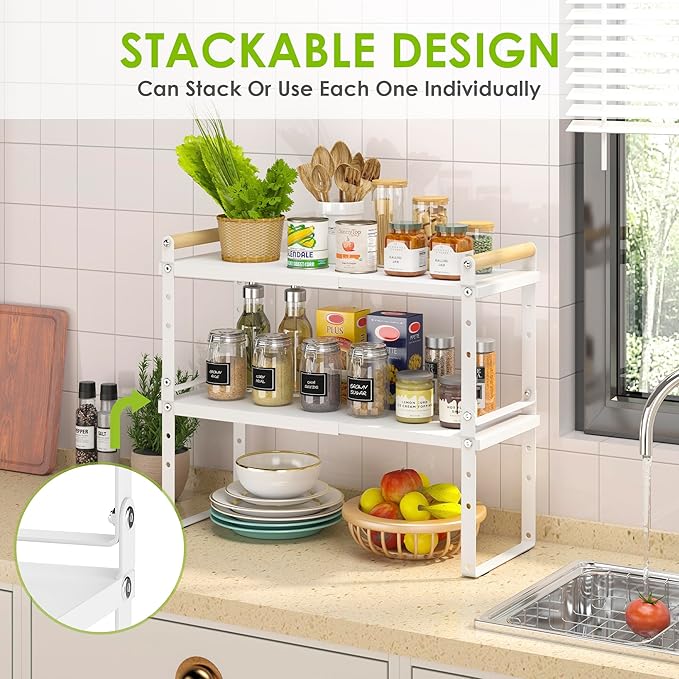 DOLALIKE Expandable kitchen Countertop Organizer, Stackable Cabinet Shelf Organizers, Space Saving Spice Rack Pantry Storage for Bathroom Office Organization (6.9'D*13-19.7''W*15.7''H, White)