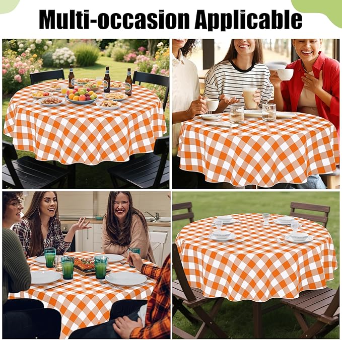 Smiry Round Plastic Table Cloth, Waterproof Vinyl Tablecloth with Flannel Backing, Wipeable Buffalo Plaid Table Cover for Dining, Indoor and Outdoor (Orange & White, 60" Round)