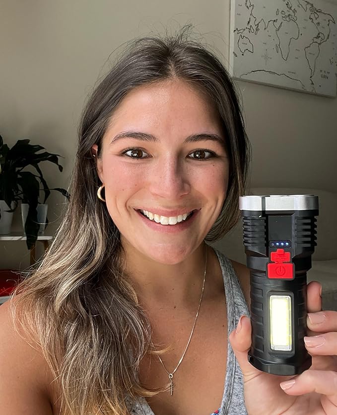 TetraBeam Rechargeable Tactical Flashlight with Advanced COB LED Tech – USB Rechargeable Flashlights, Water-Resistant Work Light, 3 Light Settings, Emergency Floodlight, Real-Time Power Monitoring