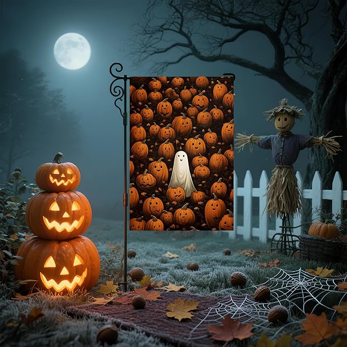 Fall Garden Flags 12x18 Double Sided, Halloween Pumpkin Yard Flags for Outside, Ghost Small Yard Flags for Home Outdoor Decorations
