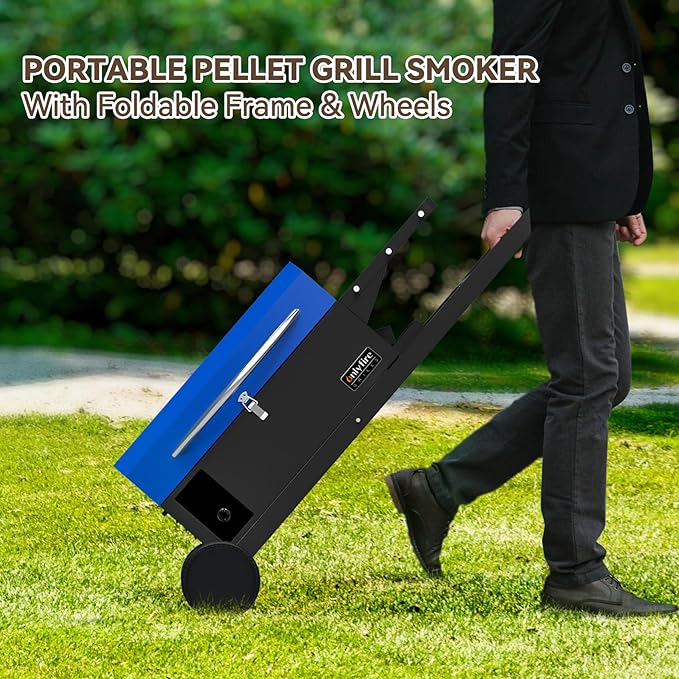 Onlyfire BBQ Wood Pellet Grill Smoker with Foldable Cart, Meat Probe, 2 Tiers Cooking Area, Portable Tabletop Grilling Stove for Outdoor Kitchen Cooking Smoke and Roast, RV Camping, Blue GS342