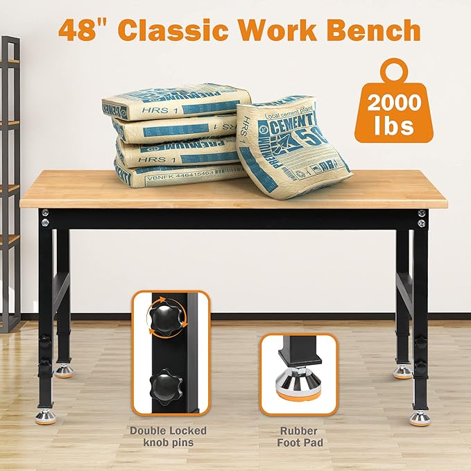 48" Heavy-Duty Adjustable Workbench for Garage, Rubber Wood Shop Table W/Rubber Pads, Hardwood Workstation Weight Capacity Over 2000 Lbs