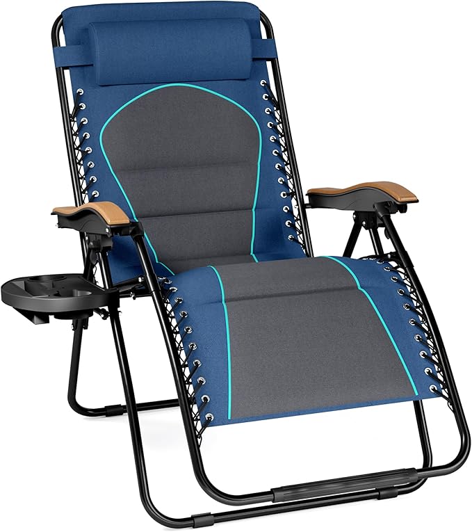 PHI VILLA XXL Oversized Padded Zero Gravity Chair, Foldable Patio Recliner, 30" Wide Seat Anti Gravity Lounger with Cup Holder, Support 400 LBS (Blue Accent)