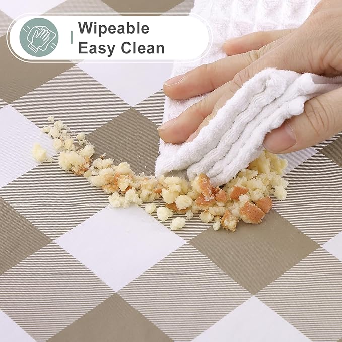 misaya Round Waterproof Vinyl Table Cloth, Buffalo Flannel Backed Tablecloth, Wipeable Plastic Table Cover for Dinner, Kitchen, Picnic (60", Khaki and White)