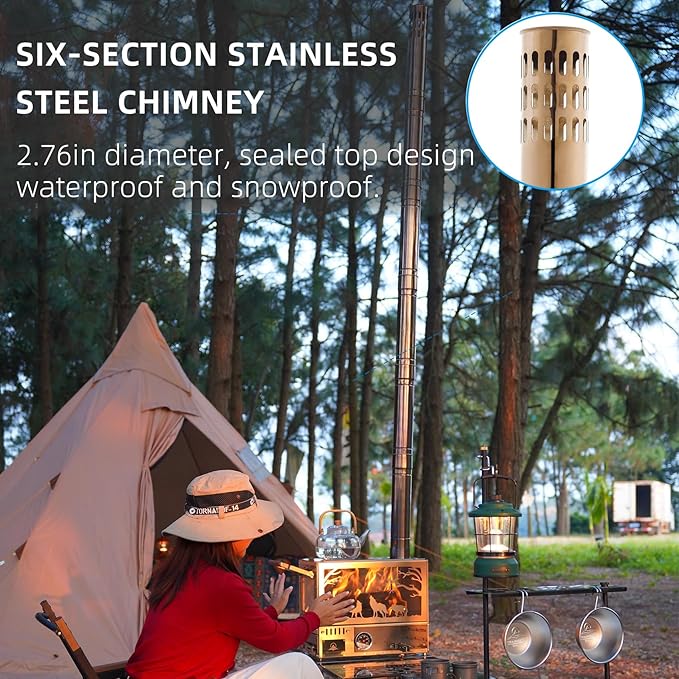 M8 Wood Burning Stove with Oven & Folding Camping Table, Stainless Steel Portable Hot Tent Stove, Including 6 Chimney Pipes, for Camping, Tents, Cooking and Travel (Silver)