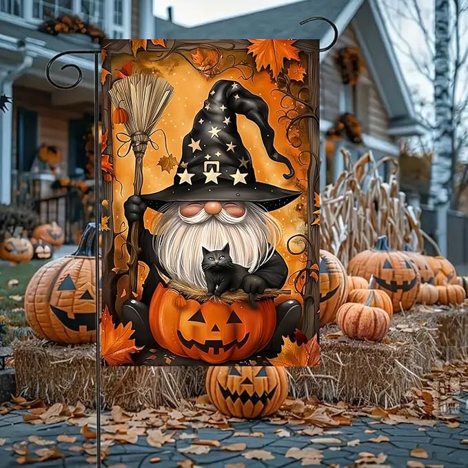 Halloween Garden Flag for Outside 12x18 Inch Double Sided, Gnome Pumpkin Small Yard Flags for Outside, Outdoor Welcome Flag Front Porch Decorations for Home