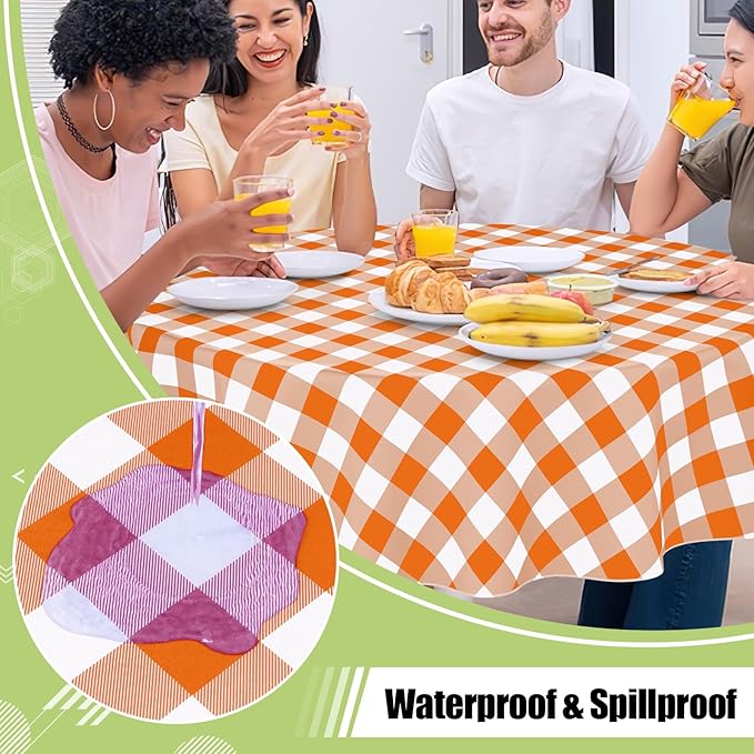 Smiry Round Plastic Table Cloth, Waterproof Vinyl Tablecloth with Flannel Backing, Wipeable Buffalo Plaid Table Cover for Dining, Indoor and Outdoor (Orange & White, 60" Round)