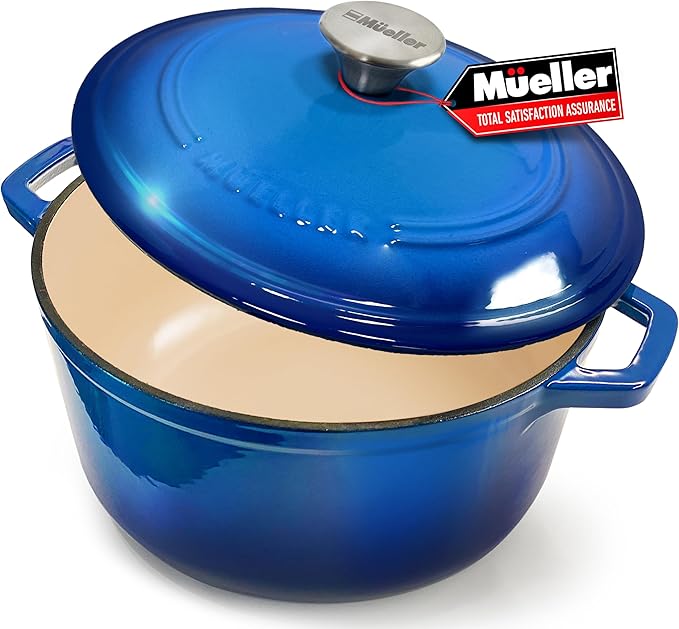 MÜELLERHOME 7.5 QT Enameled Cast Iron Dutch Oven, Heavy-Duty Casserole Dish and Braiser Pan with Lid and Stainless Knob, Oven-Safe up to 500° F & Across All Cooktops, Aqua Blue