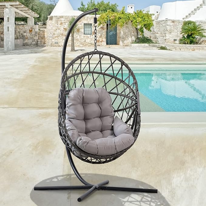 PRIVATE GARDEN Hanging Egg Chair with Stand Indoor Outdoor Unique PE Rattan Wicker Basket Chair with Grey Cushion Folding Swing Chair (Grey)