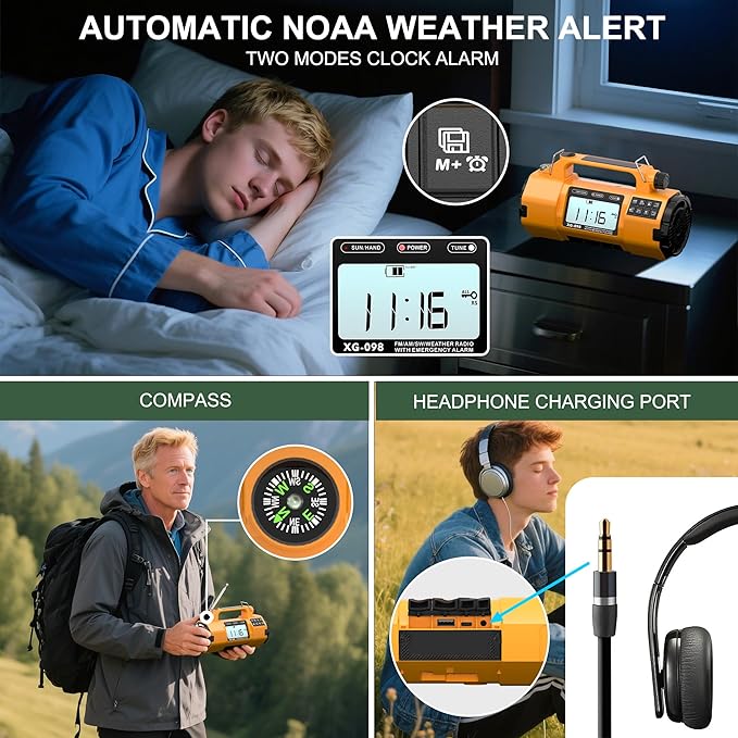 Emergency Alert NOAA Weather Radio with Hand Crank & Solar Power Portable AM/FM/SW Radio, Flashlight, Replaceable Battery, Cell Phone Charger, SOS Alarm, Power Outage Essentials for Outdoor