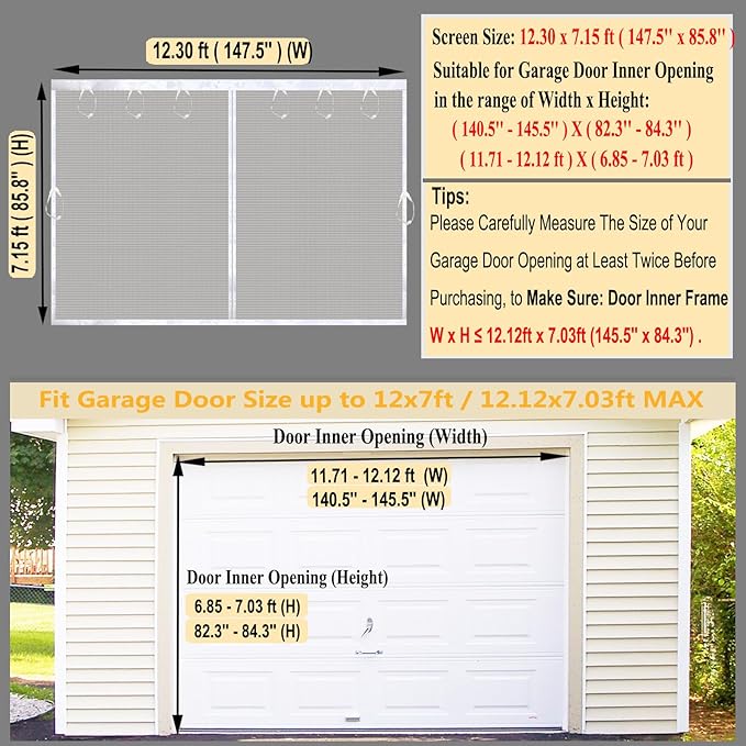 Magnetic Garage Door Screen Kit 12x7 FT White - Retractable Mesh Net Screen Door with Fiberglass Mesh for 1 Car Garage 12x7ft, Blocks Bugs & Provides Privacy - Perfect for Workshop Gym Patio