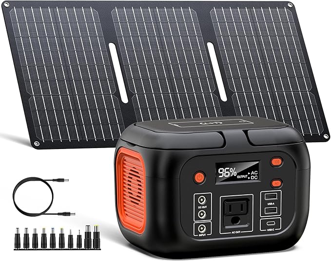 Portable Solar Generator, 150W Portable Power Station with Foldable 30W Solar Panel, 110V Pure Sine Wave 97Wh Lithium Battery Pack with Multi-Port LED Flashlights for Home Camping Hurricane Emergency
